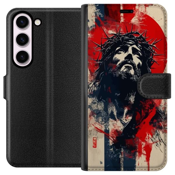 Samsung Galaxy S23 Lompakkokotelo Jeesus ristillä - kristillinen aihe vahvalla symboliikalla uskosta ja toivosta