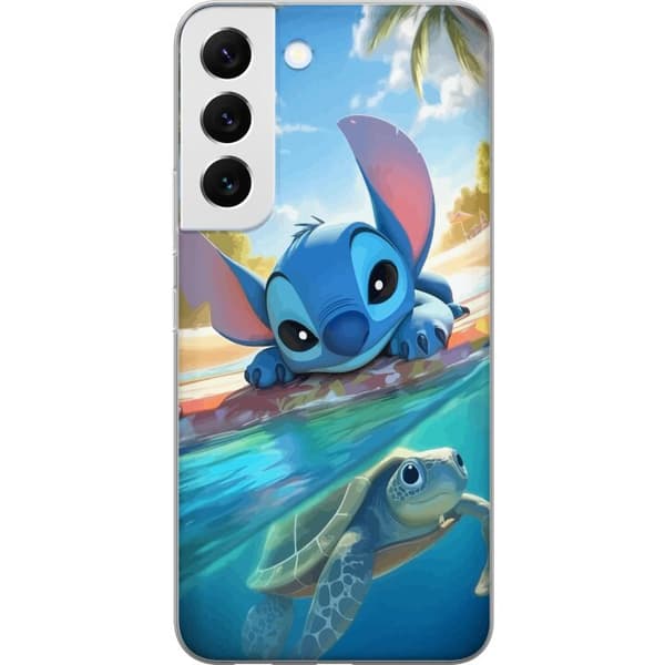 Samsung Galaxy S22+ 5G Gjennomsiktig deksel Stitch med skilpadde - søt blå alien i tropisk strandmiljø fra Disney