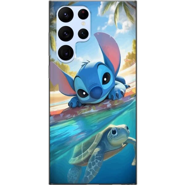 Samsung Galaxy S22 Ultra 5G Gjennomsiktig deksel Stitch med skilpadde - søt blå alien i tropisk strandmiljø fra Disney