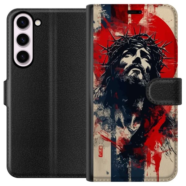 Samsung Galaxy S23+ Lompakkokotelo Jeesus ristillä - kristillinen aihe vahvalla symboliikalla uskosta ja toivosta
