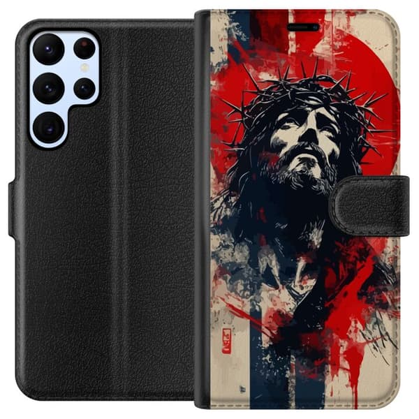 Samsung Galaxy S24 Ultra Lommeboketui Jesus med kors - kristent motiv med sterk symbolikk om tro og håp