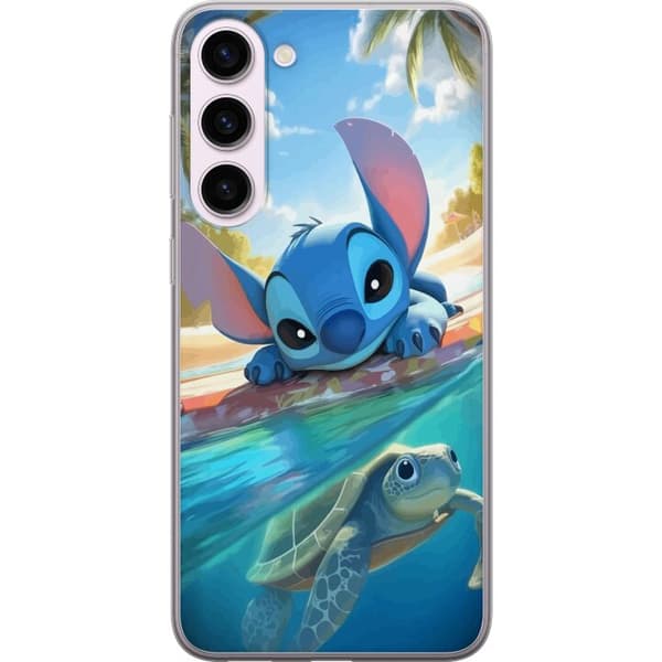 Samsung Galaxy S23+ Gennemsigtig cover Stitch med skildpadde - sød blå alien i tropisk strandmiljø fra Disney