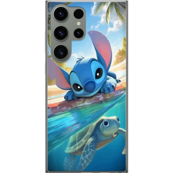 Samsung Galaxy S23 Ultra Gennemsigtig cover Stitch med skildpadde - sød blå alien i tropisk strandmiljø fra Disney