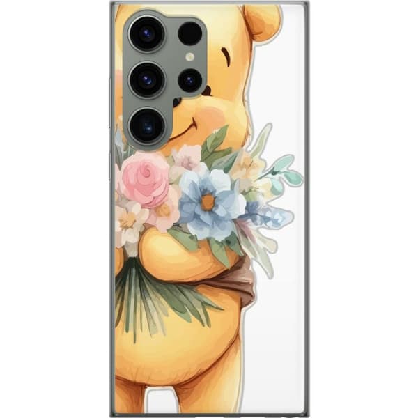 Samsung Galaxy S23 Ultra Gennemsigtig cover Nalle Puh med blomster - klassisk børnefavorit i en blomstrende forårs miljø