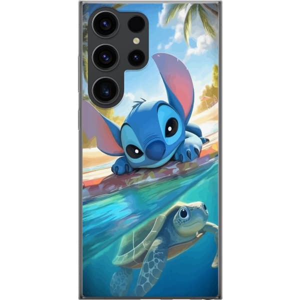 Samsung Galaxy S24 Ultra Gjennomsiktig deksel Stitch med skilpadde - søt blå alien i tropisk strandmiljø fra Disney