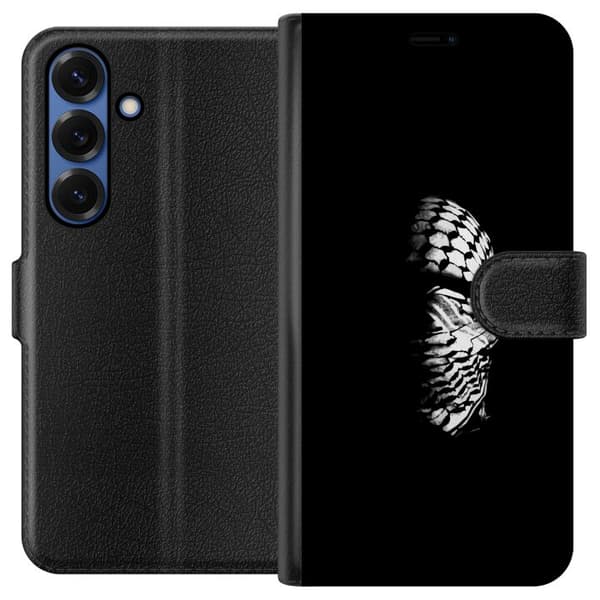Samsung Galaxy S25+ Lompakkokotelo Keffiyeh-kuviointi - klassinen palestiinalainen mustavalkoinen shaali, jolla on kulttuurinen merkitys