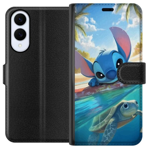 Samsung Galaxy S25 Edge Lommeboketui Stitch med skilpadde - søt blå alien i tropisk strandmiljø fra Disney