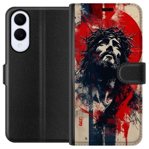 Samsung Galaxy S25 Edge Tegnebogsetui Jesus med kors - kristent motiv med stærk symbolik om tro og håb