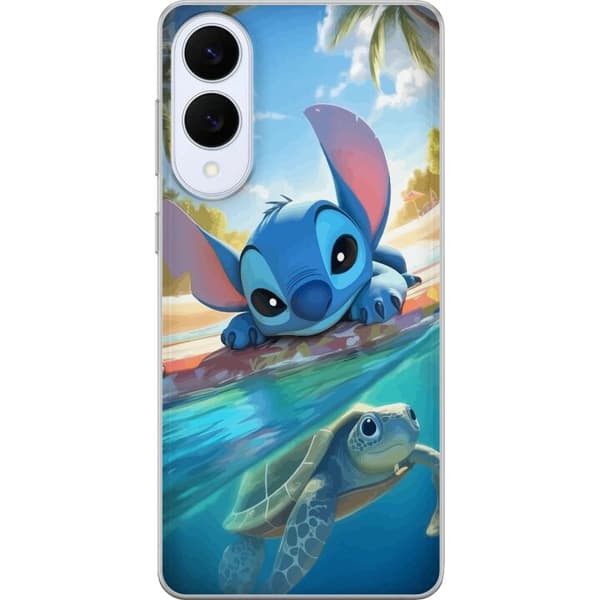 Samsung Galaxy S25 Edge Genomskinligt Skal Stitch med sköldpadda – söt blå alien i tropisk strandmiljö från Disney