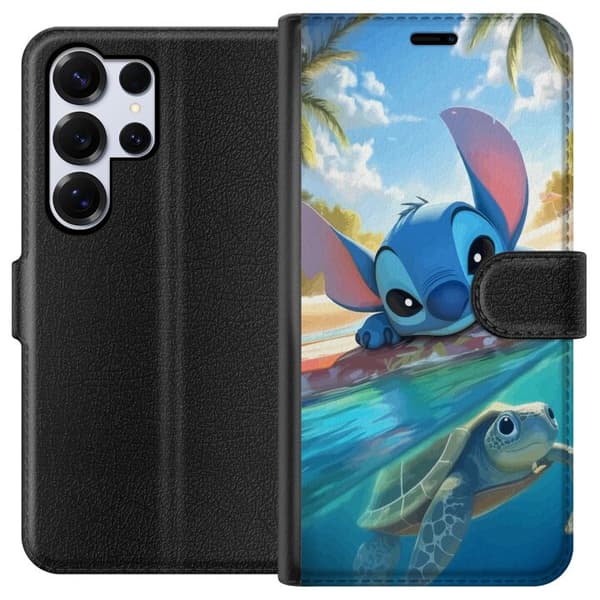 Samsung Galaxy S25 Ultra Plånboksfodral Stitch med sköldpadda – söt blå alien i tropisk strandmiljö från Disney