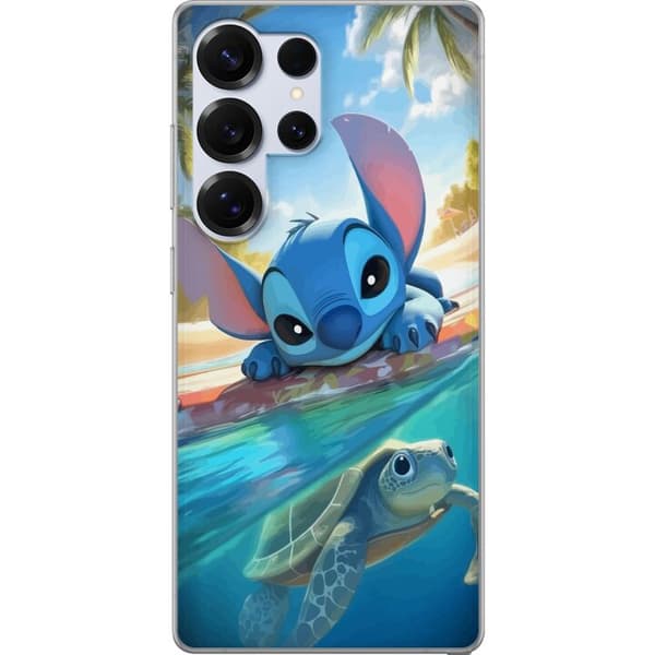 Samsung Galaxy S25 Ultra Gjennomsiktig deksel Stitch med skilpadde - søt blå alien i tropisk strandmiljø fra Disney