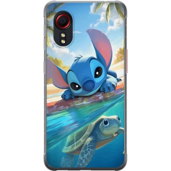 Samsung Galaxy Xcover 5 Gennemsigtig cover Stitch med skildpadde - sød blå alien i tropisk strandmiljø fra Disney