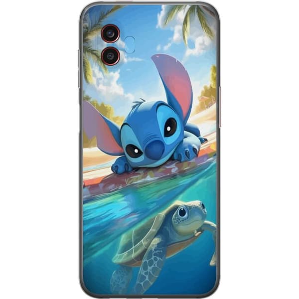 Samsung Galaxy Xcover6 Pro Genomskinligt Skal Stitch med sköldpadda – söt blå alien i tropisk strandmiljö från Disney