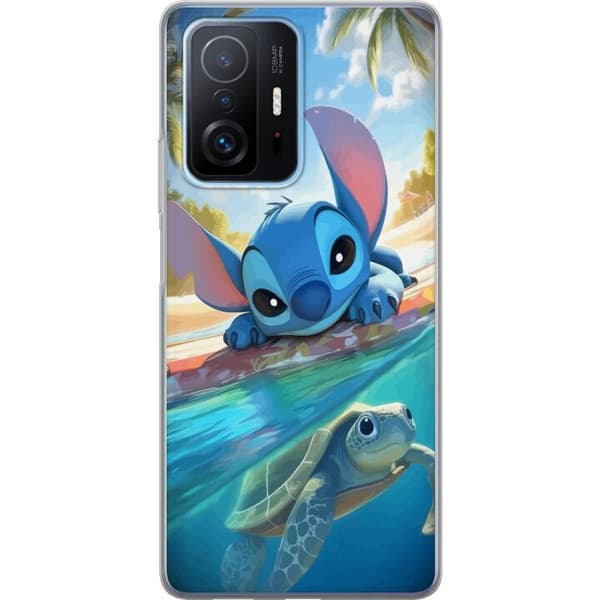 Xiaomi 11T Pro Gennemsigtig cover Stitch med skildpadde - sød blå alien i tropisk strandmiljø fra Disney