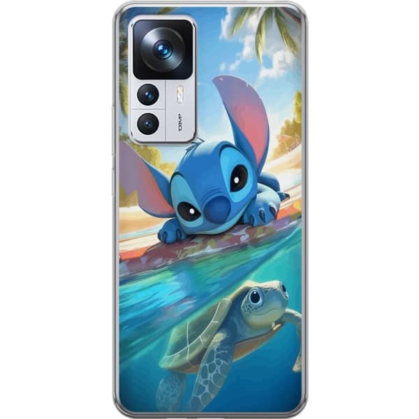 Xiaomi 12T Pro Gennemsigtig cover Stitch med skildpadde - sød blå alien i tropisk strandmiljø fra Disney