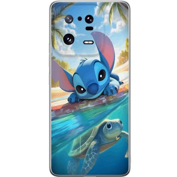 Xiaomi 13 Pro Läpinäkyvä kuori Stitch kilpikonnalla - söpö sininen avaruusolento trooppisessa rantaympäristössä Disneyn tapaan