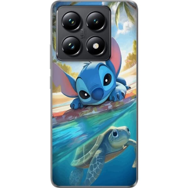 Xiaomi 14T Pro Genomskinligt Skal Stitch med sköldpadda – söt blå alien i tropisk strandmiljö från Disney