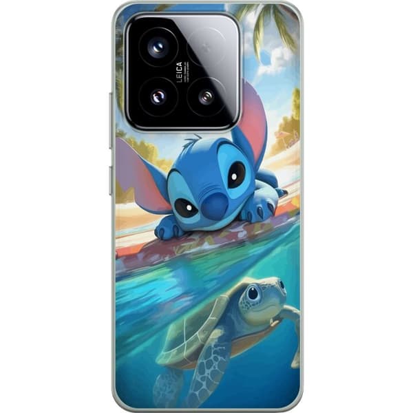Xiaomi 15 Läpinäkyvä kuori Stitch kilpikonnalla - söpö sininen avaruusolento trooppisessa rantaympäristössä Disneyn tapaan