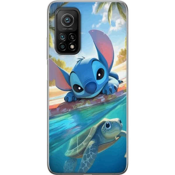 Xiaomi Mi 10T 5G Genomskinligt Skal Stitch med sköldpadda – söt blå alien i tropisk strandmiljö från Disney
