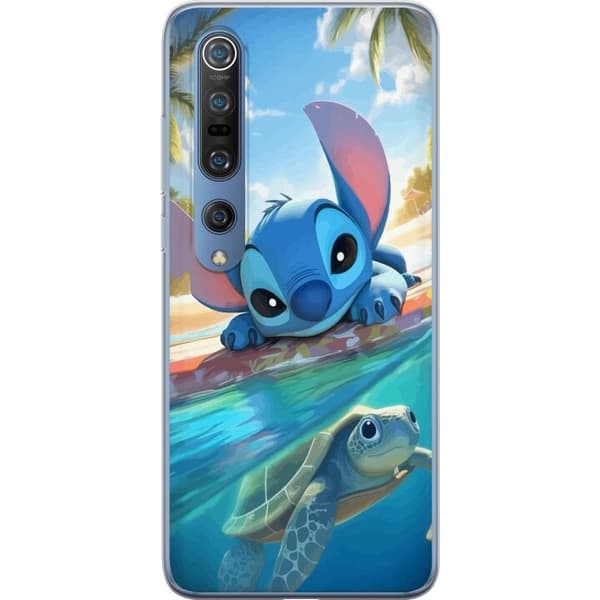 Xiaomi Mi 10 Pro 5G Läpinäkyvä kuori Stitch kilpikonnalla - söpö sininen avaruusolento trooppisessa rantaympäristössä Disneyn tapaan