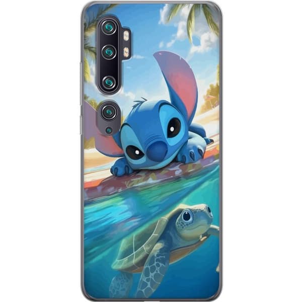 Xiaomi Mi Note 10 Gennemsigtig cover Stitch med skildpadde - sød blå alien i tropisk strandmiljø fra Disney