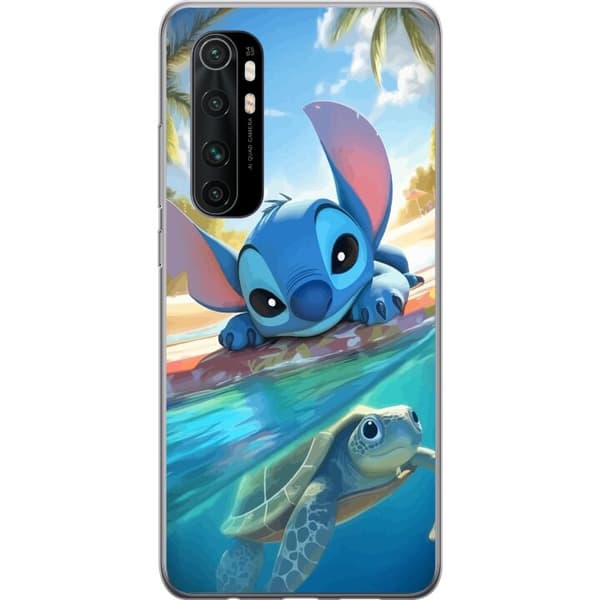 Xiaomi Mi Note 10 Lite Gennemsigtig cover Stitch med skildpadde - sød blå alien i tropisk strandmiljø fra Disney