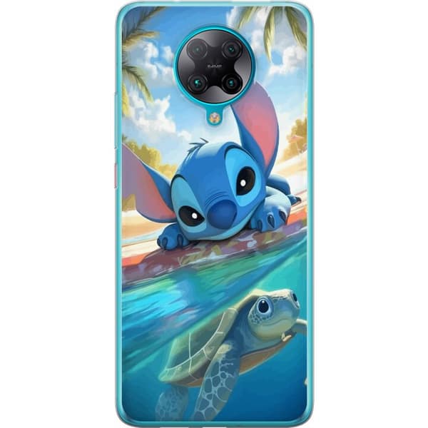 Xiaomi Poco F2 Pro Gennemsigtig cover Stitch med skildpadde - sød blå alien i tropisk strandmiljø fra Disney