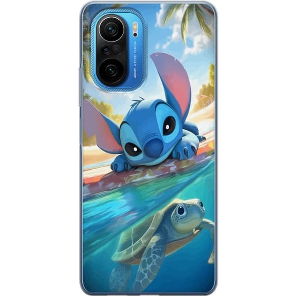 Xiaomi Poco F3 Läpinäkyvä kuori Stitch kilpikonnalla - söpö sininen avaruusolento trooppisessa rantaympäristössä Disneyn tapaan