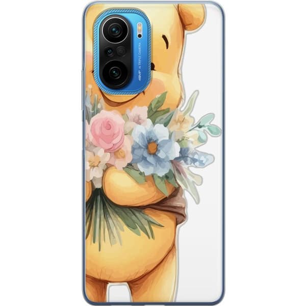Xiaomi Poco F3 Genomskinligt Skal Nalle Puh med blommor – klassisk barnfavorit i blommande vårmiljö