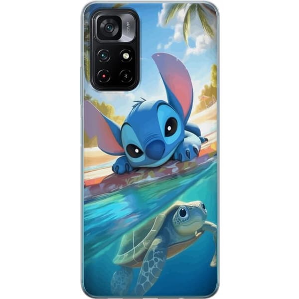 Xiaomi Poco M4 Pro 5G Gennemsigtig cover Stitch med skildpadde - sød blå alien i tropisk strandmiljø fra Disney