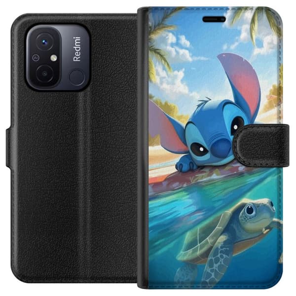 Xiaomi Redmi 12C Plånboksfodral Stitch med sköldpadda – söt blå alien i tropisk strandmiljö från Disney
