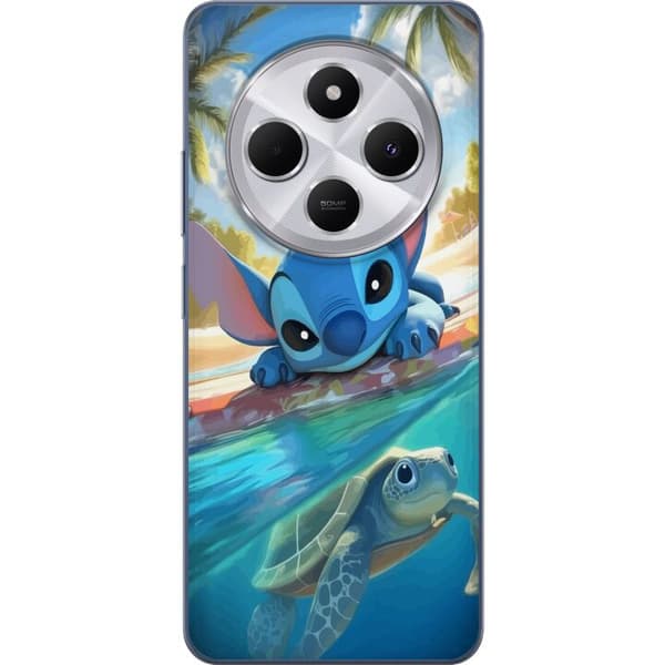 Xiaomi Redmi 14C Gennemsigtig cover Stitch med skildpadde - sød blå alien i tropisk strandmiljø fra Disney