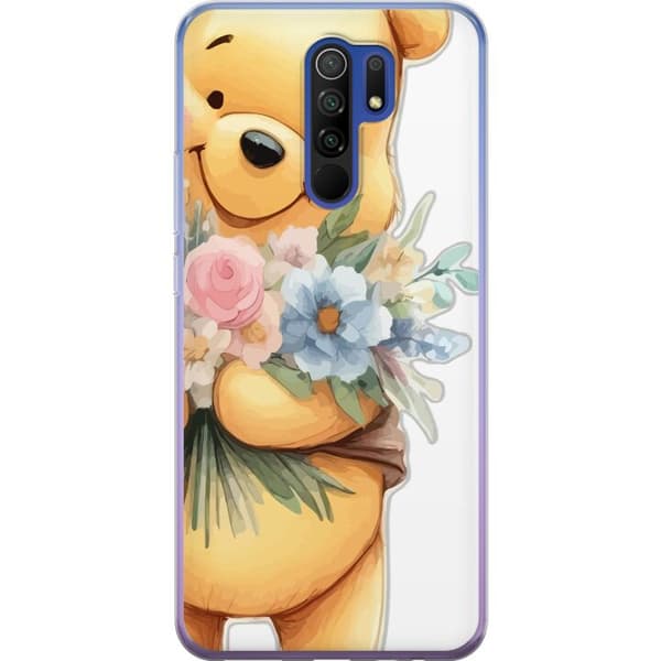 Xiaomi Redmi 9 Läpinäkyvä kuori Nalle Puh kukkien kanssa - klassinen lasten suosikki kukkivassa keväisympäristössä
