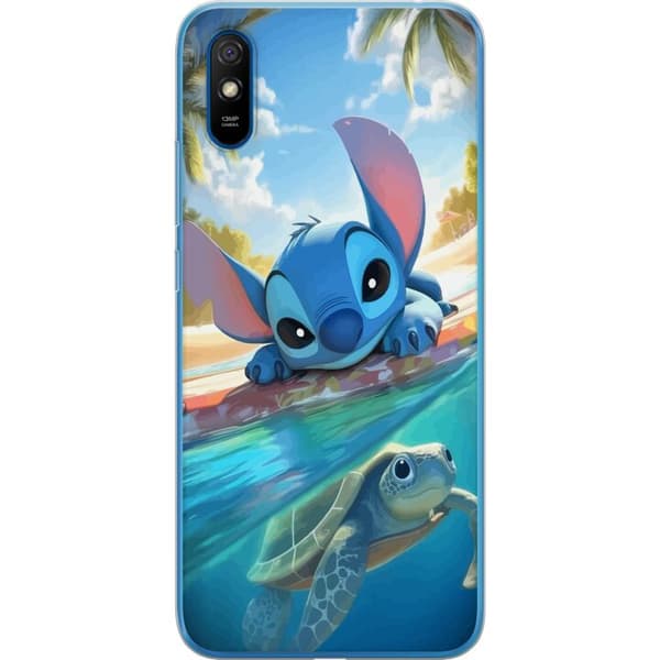 Xiaomi Redmi 9A Gennemsigtig cover Stitch med skildpadde - sød blå alien i tropisk strandmiljø fra Disney