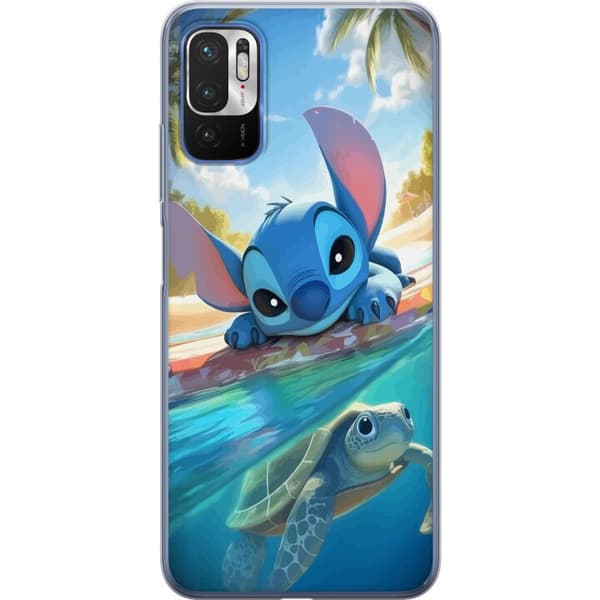 Xiaomi Redmi Note 10 5G Gennemsigtig cover Stitch med skildpadde - sød blå alien i tropisk strandmiljø fra Disney