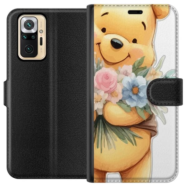 Xiaomi Redmi Note 10 Pro Tegnebogsetui Nalle Puh med blomster - klassisk børnefavorit i en blomstrende forårs miljø