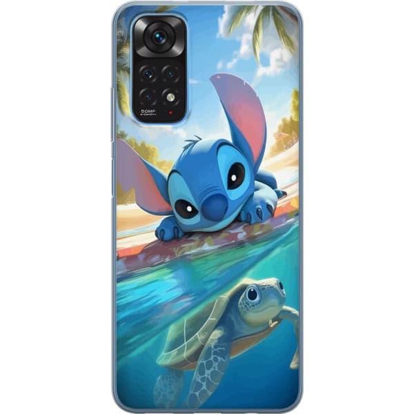 Xiaomi Redmi Note 11 Gennemsigtig cover Stitch med skildpadde - sød blå alien i tropisk strandmiljø fra Disney