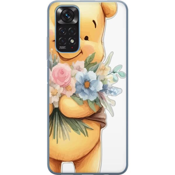 Xiaomi Redmi Note 11 Genomskinligt Skal Nalle Puh med blommor – klassisk barnfavorit i blommande vårmiljö