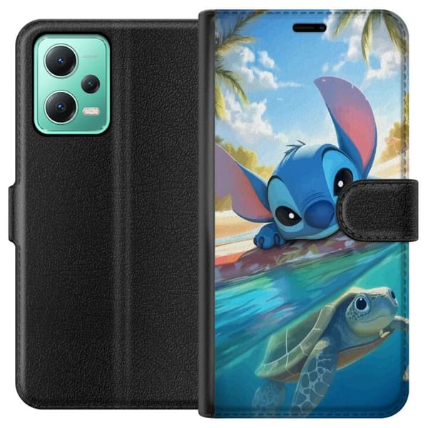 Xiaomi Redmi Note 12 Tegnebogsetui Stitch med skildpadde - sød blå alien i tropisk strandmiljø fra Disney