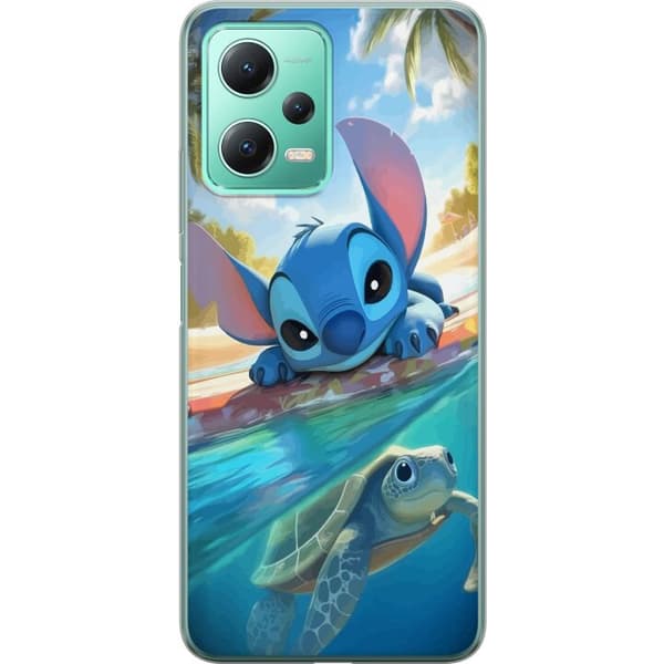 Xiaomi Redmi Note 12 Genomskinligt Skal Stitch med sköldpadda – söt blå alien i tropisk strandmiljö från Disney