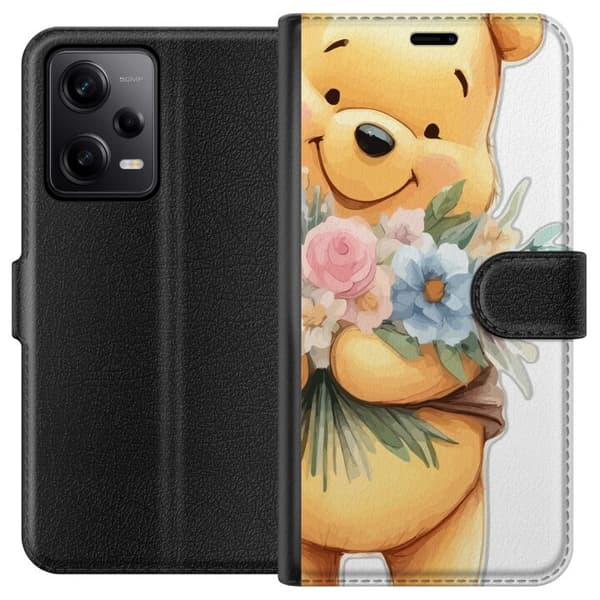 Xiaomi Redmi Note 12 Pro Tegnebogsetui Nalle Puh med blomster - klassisk børnefavorit i en blomstrende forårs miljø