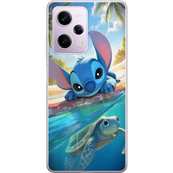 Xiaomi Redmi Note 12 Pro Läpinäkyvä kuori Stitch kilpikonnalla - söpö sininen avaruusolento trooppisessa rantaympäristössä Disneyn tapaan