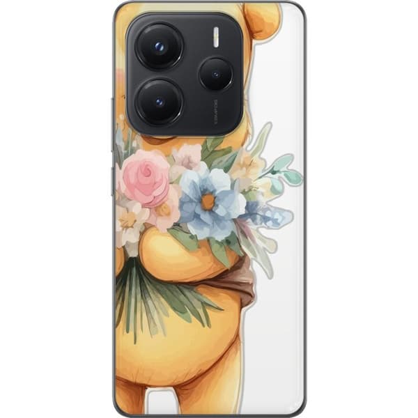 Xiaomi Redmi Note 14 Gennemsigtig cover Nalle Puh med blomster - klassisk børnefavorit i en blomstrende forårs miljø