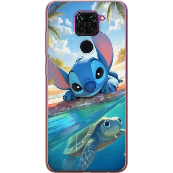 Xiaomi Redmi Note 9 Genomskinligt Skal Stitch med sköldpadda – söt blå alien i tropisk strandmiljö från Disney