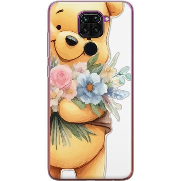 Xiaomi Redmi Note 9 Gennemsigtig cover Nalle Puh med blomster - klassisk børnefavorit i en blomstrende forårs miljø