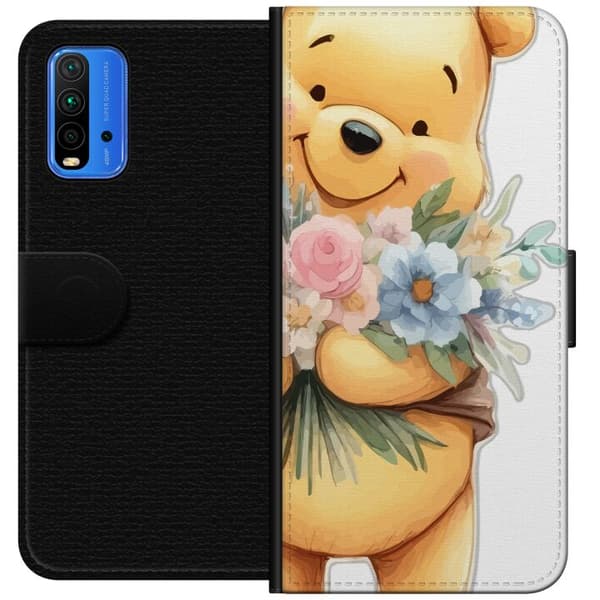 Xiaomi Redmi Note 9 4G Tegnebogsetui Nalle Puh med blomster - klassisk børnefavorit i en blomstrende forårs miljø