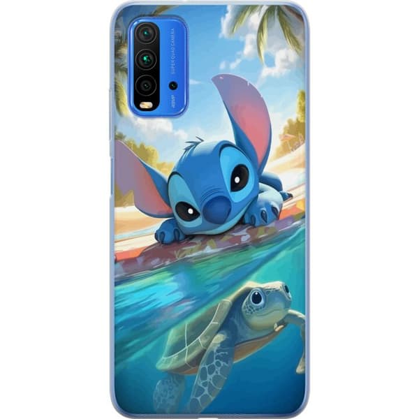 Xiaomi Redmi Note 9 4G Gennemsigtig cover Stitch med skildpadde - sød blå alien i tropisk strandmiljø fra Disney