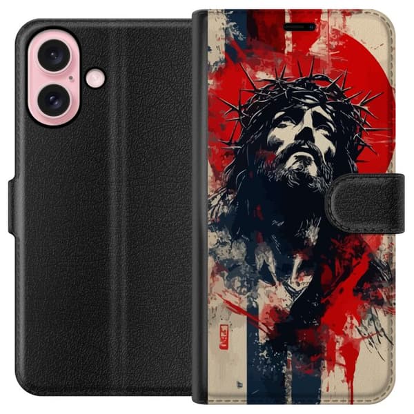 Apple iPhone 16 Lompakkokotelo Jeesus ristillä - kristillinen aihe vahvalla symboliikalla uskosta ja toivosta