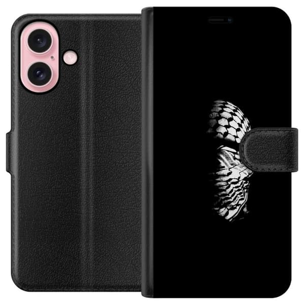 Apple iPhone 16 Lompakkokotelo Keffiyeh-kuviointi - klassinen palestiinalainen mustavalkoinen shaali, jolla on kulttuurinen merkitys