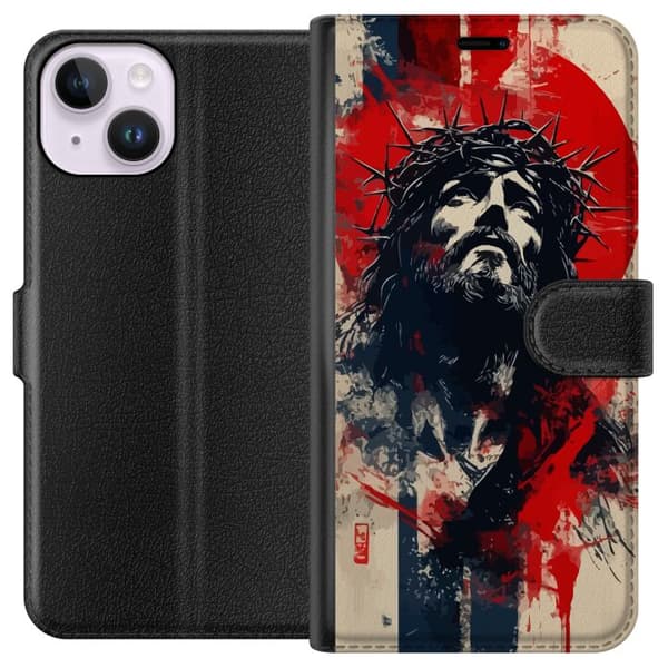 Apple iPhone 15 Lommeboketui Jesus med kors - kristent motiv med sterk symbolikk om tro og håp